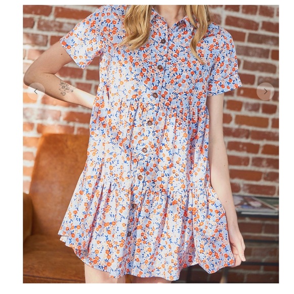 46 Boho Basic Collared Floral Short Sleeve Tiered Dress - Picture 9 of 10
